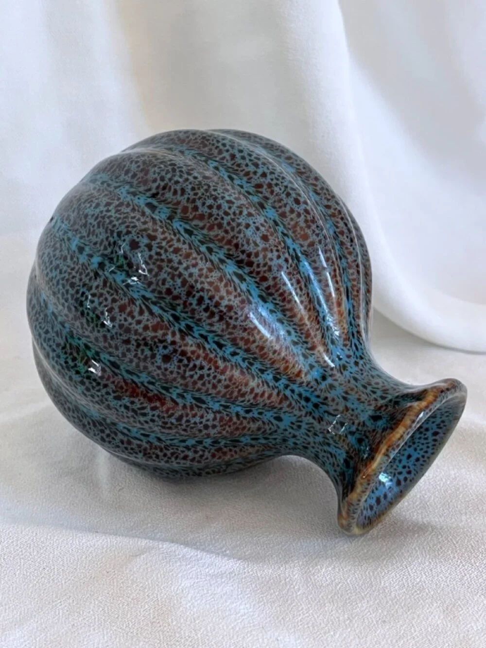 Vintage Studio Pottery Blue Brown Speckled Glaze Ribbed Bud Vase